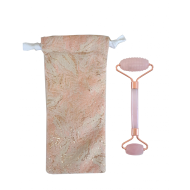 Pochette avec roller de massage visage en quartz rose naturel
